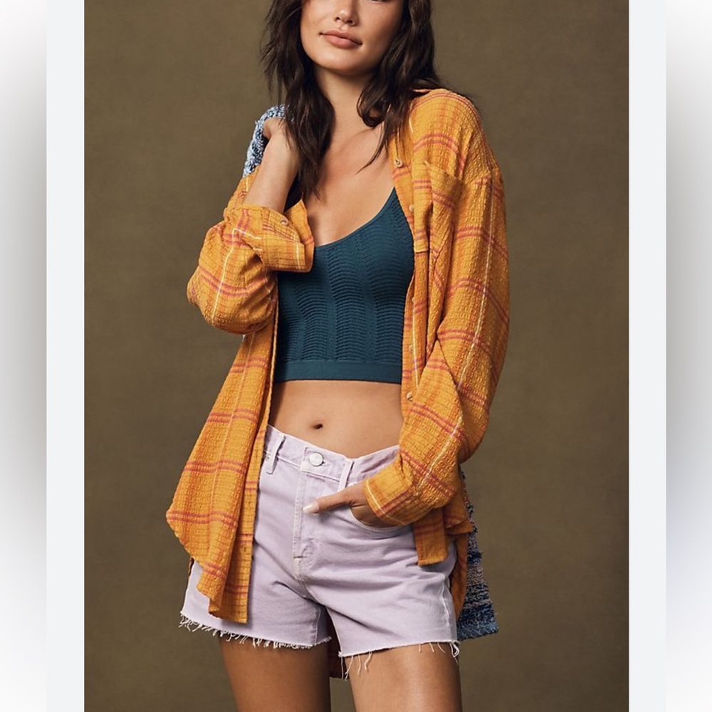 Pilcro Hadley Relaxed Button Down Yellow and Pink Shirt-Plaid Edition XS-(S/M)